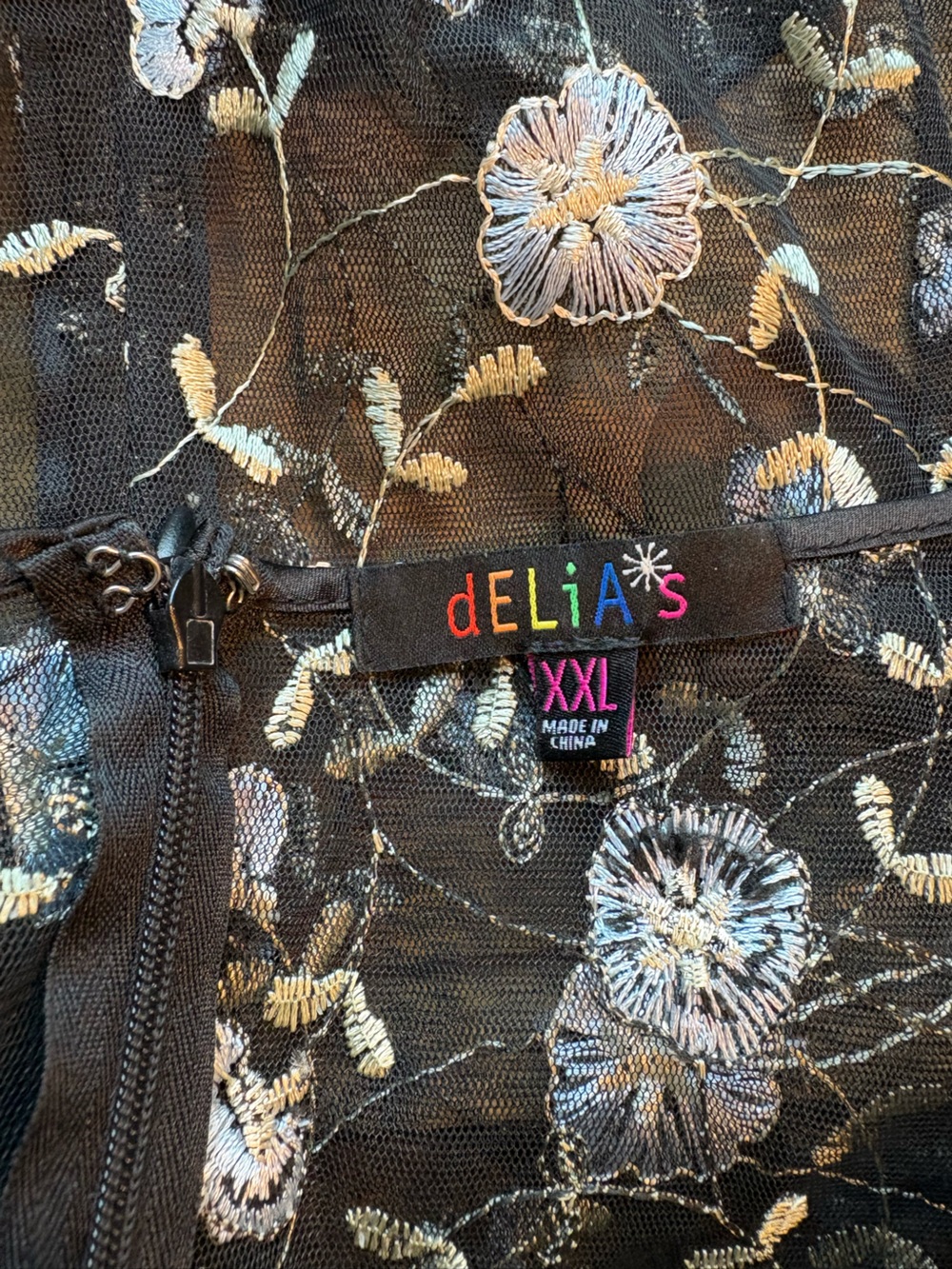 NWOT dELiA*s by Dolls Kill Floral Embroidered Mesh Mini Dress Black/Blue Sz XXL - Picture 7 of 7